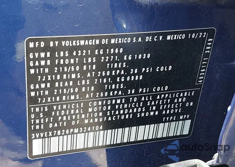 2023 Volkswagen Taos 1.5T Se from USA, damaged, VIN 3VVEX7B26PM324104